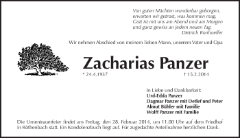 Traueranzeige von Zacharias Panzer von Pegnitz-Zeitung